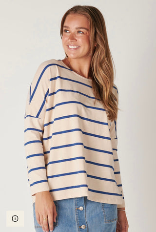 One Ten Willow Long Sleeved Blue and Ecru Striped Top