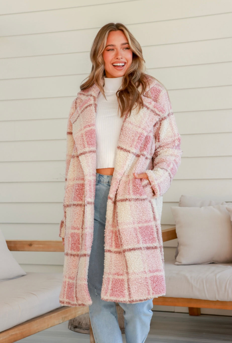 Parisian Dream Check Coat in Pink and White